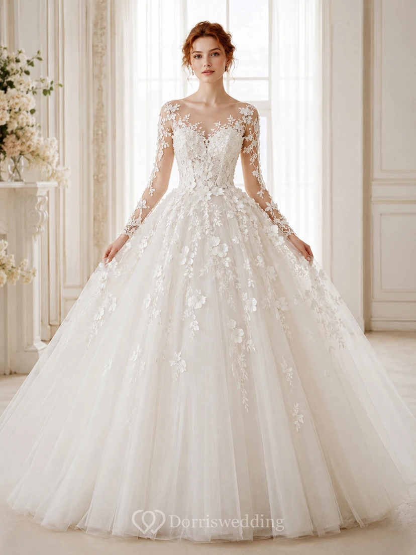 Vestido de novia de encaje y tul, estilo princesa, escote corazón, manga larga, cola larga, apliques, espalda baja en V.