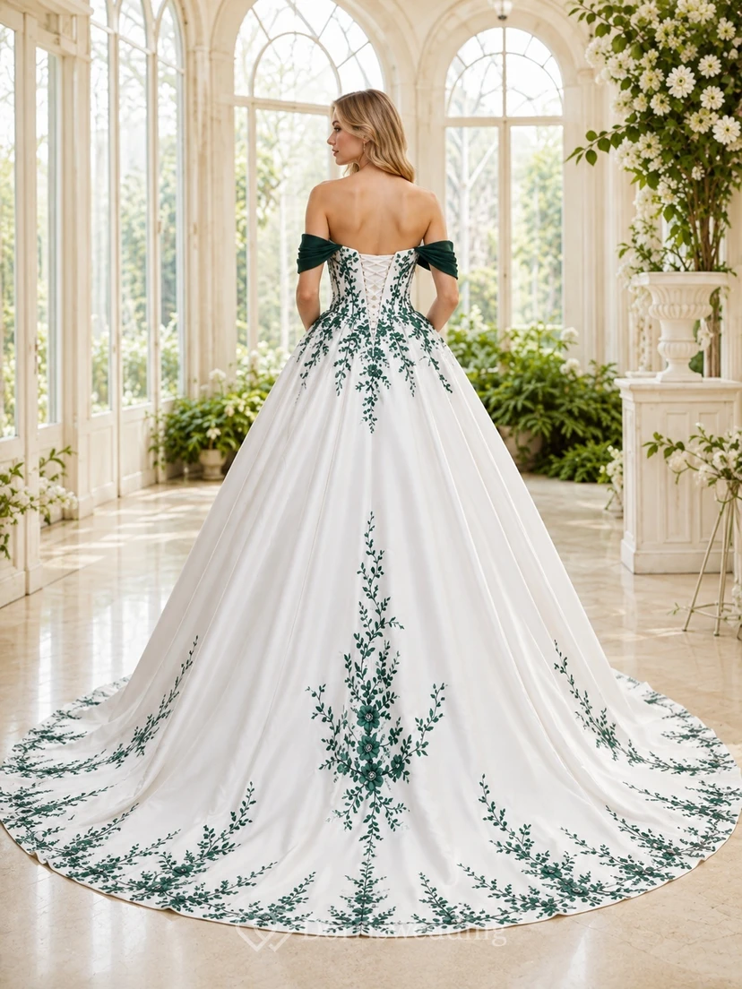 Emerald Botanical Bridal Ball Gown Off-the-shoulder Short Sleeve Cathedral Train Romantic Elegant Gown view 2