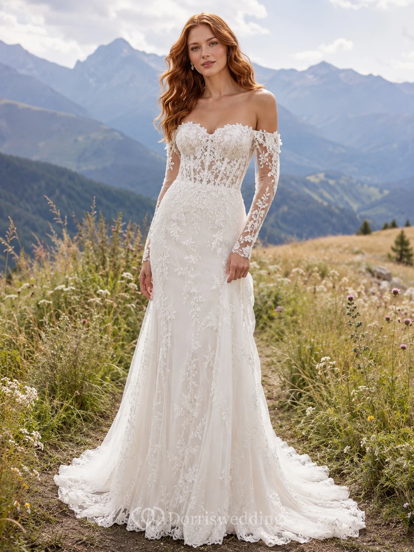 Brautkleid im Landhausstil mit Spitze, Meerjungfrauenschnitt, schulterfrei, Schleppe und tiefem V-Ausschnitt