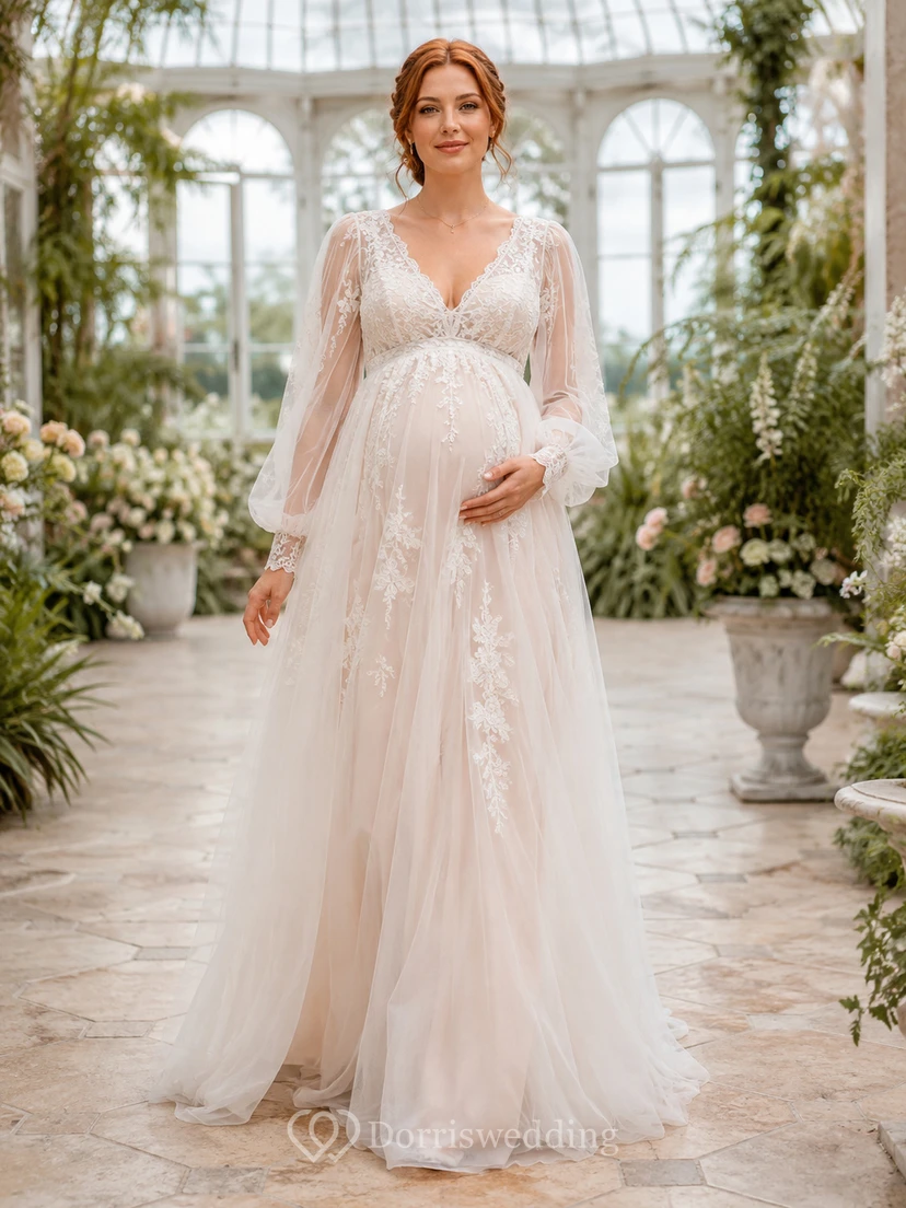 Boho Maternity V Neck Long Bell Lace Sleeve Empire Wedding Gown