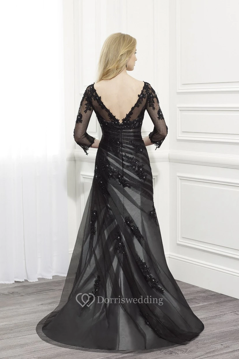 A-Linien-Abendkleid aus Tüll und Satin mit Rundhalsausschnitt, Applikationen, bodenlang, 3-4 Ärmeln, Perlenstickerei und seitlicher Drapierung view 2
