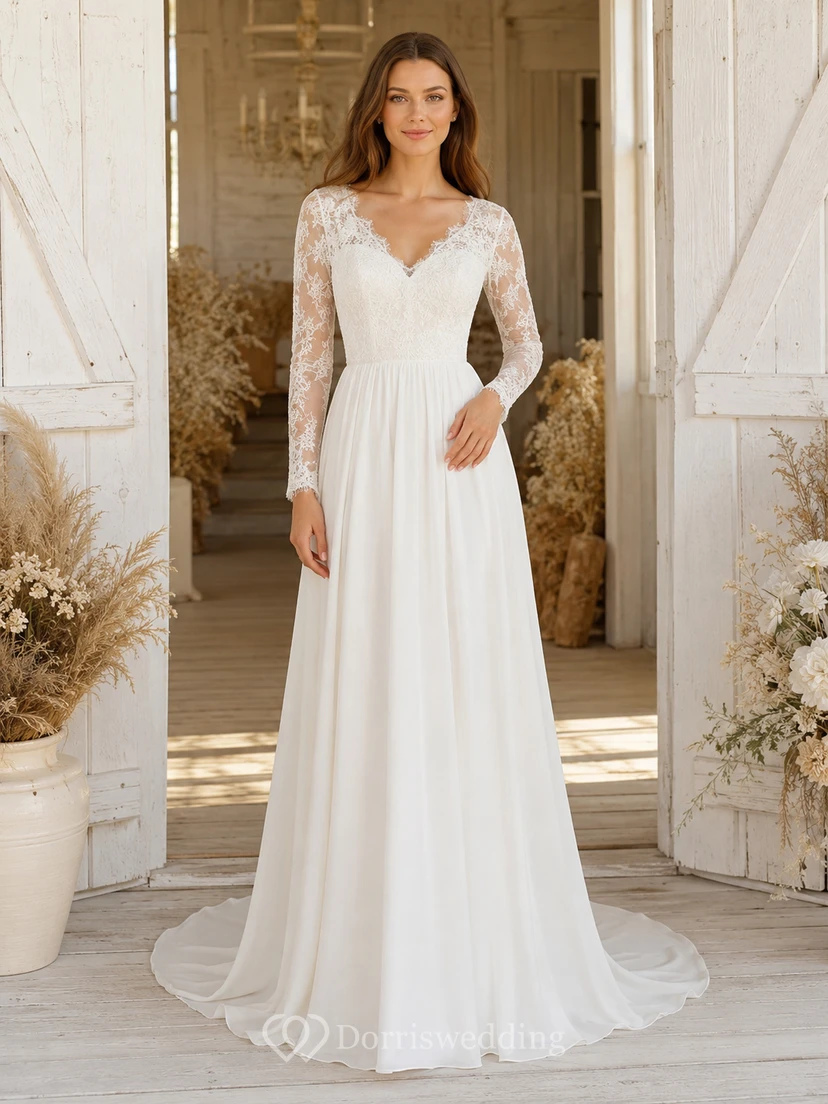 Bohemian Lace Chiffon Wedding A Line V Neck Long Sleeves Sweep Train