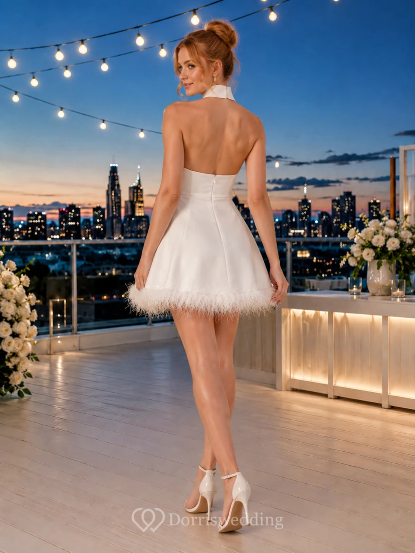 High Neck Feather Hem Short Rooftop Bridal Dress view 2