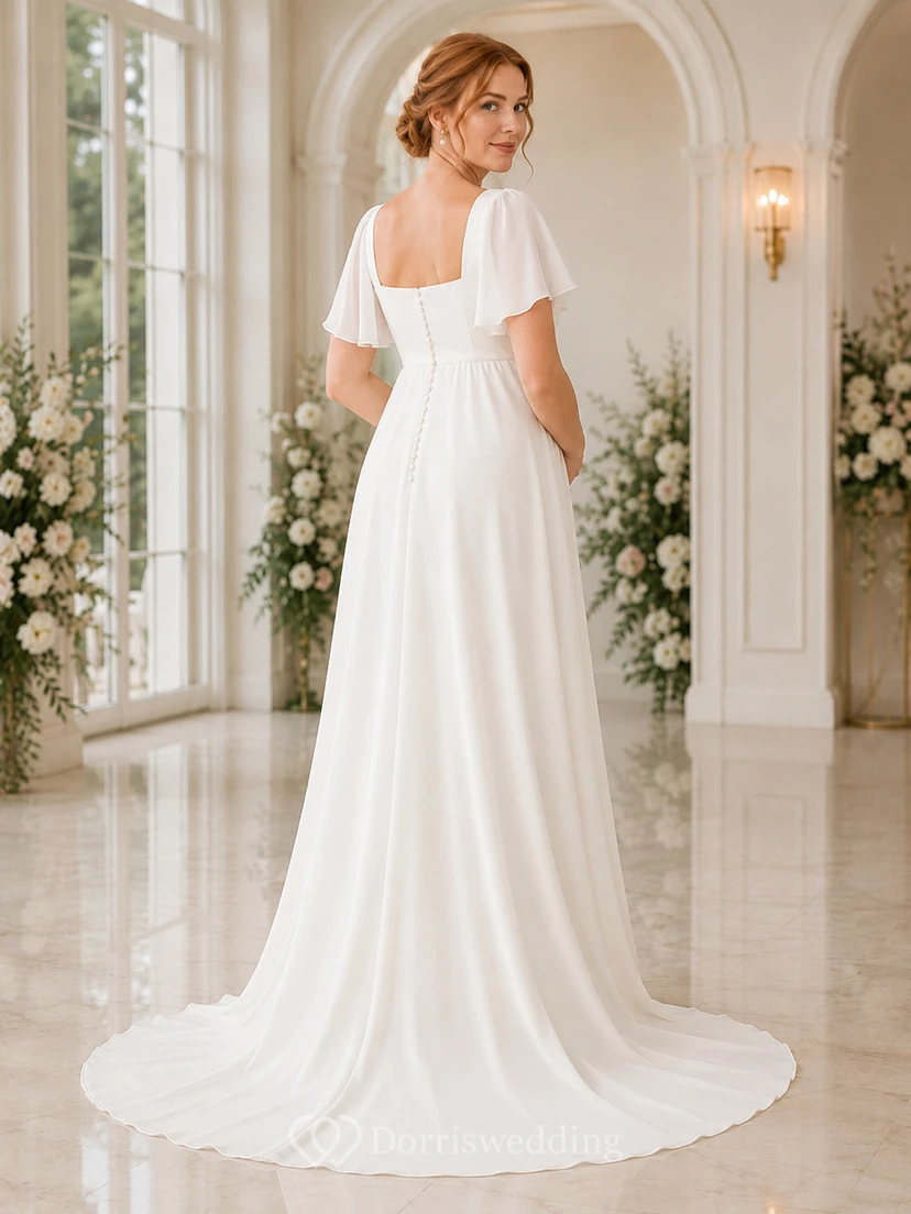 Robe de mariée en mousseline de plage, col empire carré, manches courtes, longueur au sol view 2