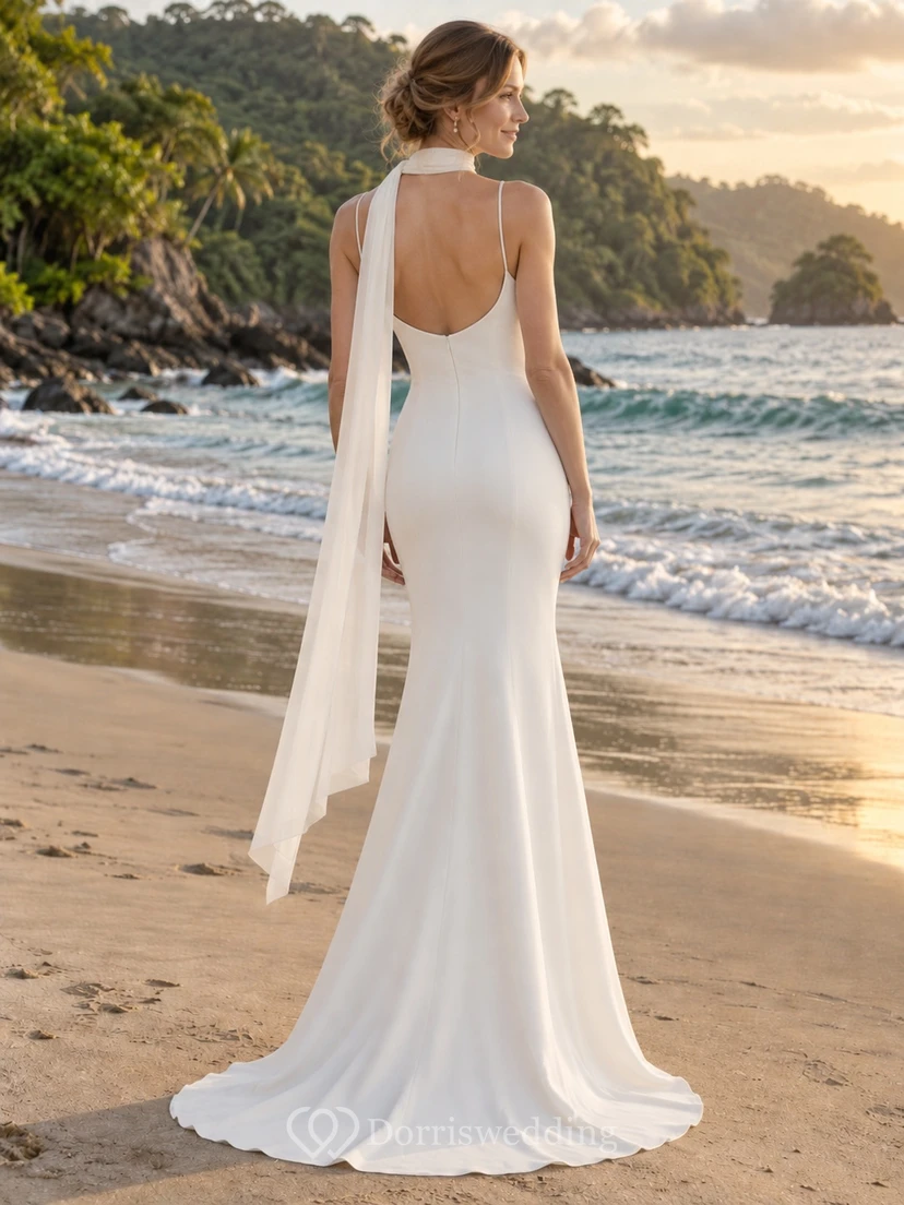 Simple Mermaid Scoop Neck Crepe Wedding Dress with Thin Straps and Long Scarf view 2