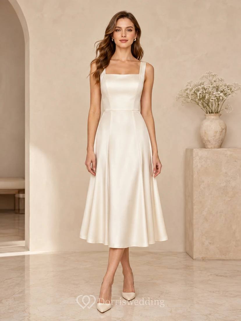 Robe de mariée civile en satin, coupe trapèze, longueur thé, bretelles carrées simples, style court.