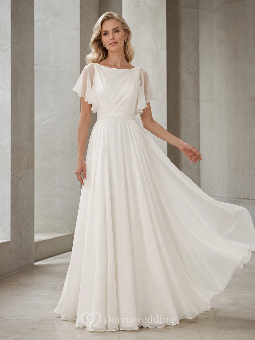 Robe de mariée d'été bohème simple à manches bateau papillon, en mousseline, coupe trapèze, traîne, style A