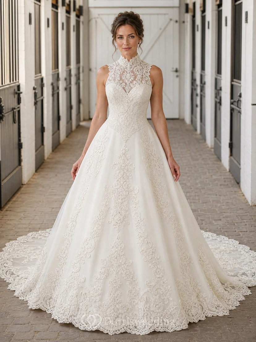 Vestido de novia modesto sin mangas, corte A, cuello halter alto, encaje y cola catedral.