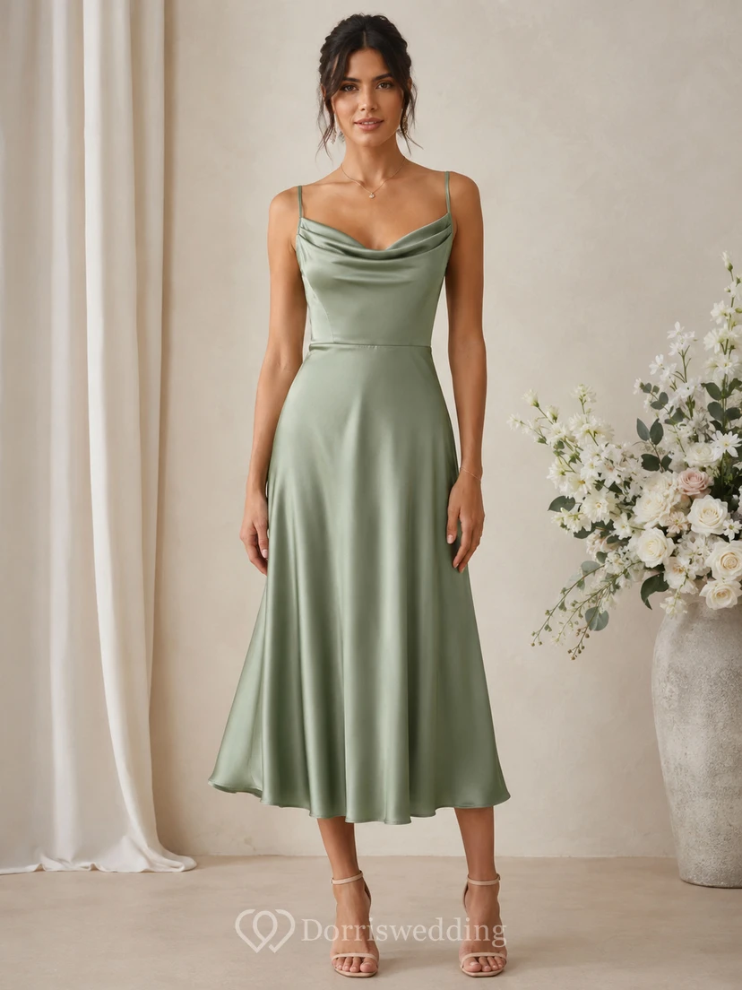 Sheath Tea-Length Cowl Satin Wedding Guest Dress with Pleats