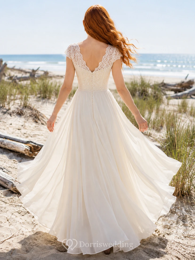Robe de mariée en mousseline à manches courtes en dentelle et dentelle pour petite plage view 2