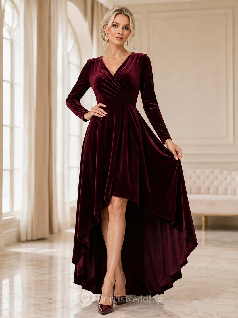Elegant Burgundy V-Neck Long Sleeve Velvet A-Line High-Low Formal Dress