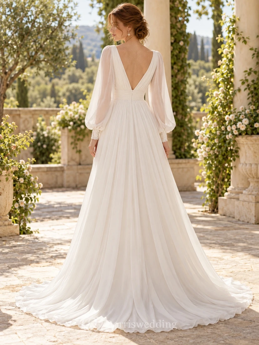 Simple Long Sleeve V-neck Chiffon A-line Sweep Train Wedding Dress view 2
