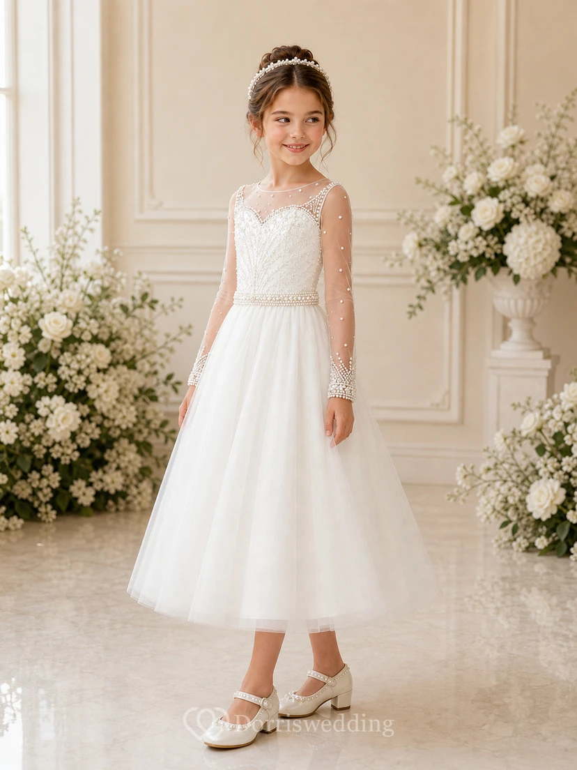 A-line Tea-length Long Sleeve Illusion Tulle Lace Flower Girl Dress with White satin skirt with long illusion lace sleeves view 3