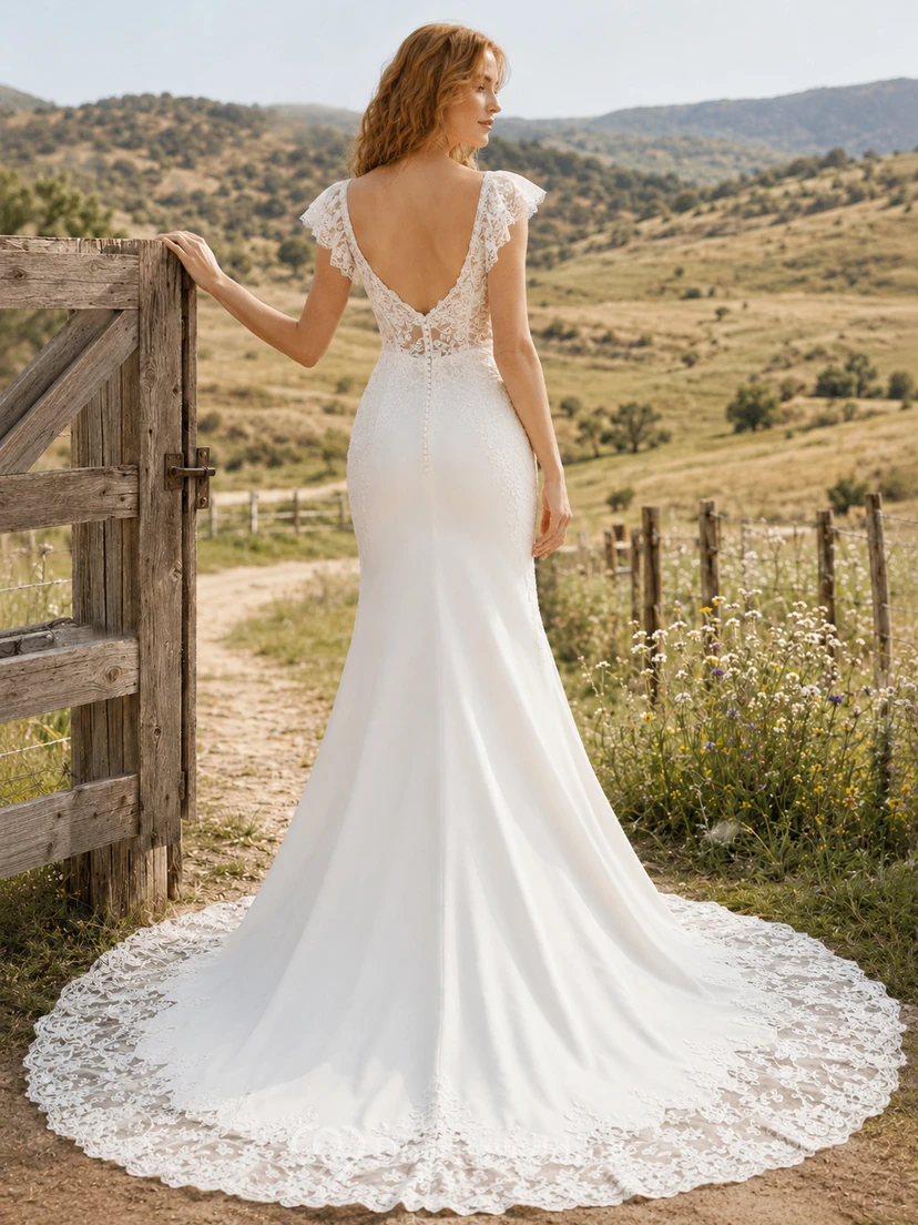 Vestido de novia de crepé con encaje campestre, corte sirena, escote redondo, mangas cortas, cola de capilla, espalda baja en V. view 2