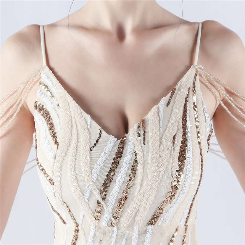 Sequined Striped Color Matching Slim Dinner Host Suspender Long Dress For Women view 26