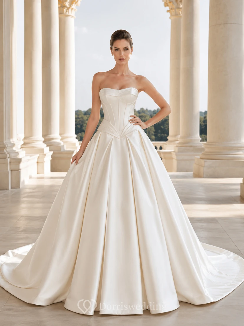 Trägerloses Ballkleid aus Satin mit Herzausschnitt und luxuriöser Kapellenschleppe