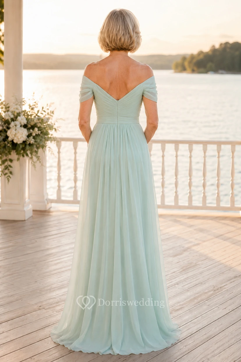 Mintgrünes schulterfreies Chiffon-A-Linien-Kleid für Mütter view 2