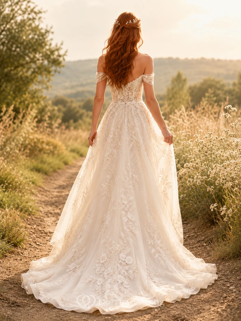 Vestido de novia de encaje campestre, corte A, hombros descubiertos, largo hasta el suelo, apliques, espalda baja en V. view 2