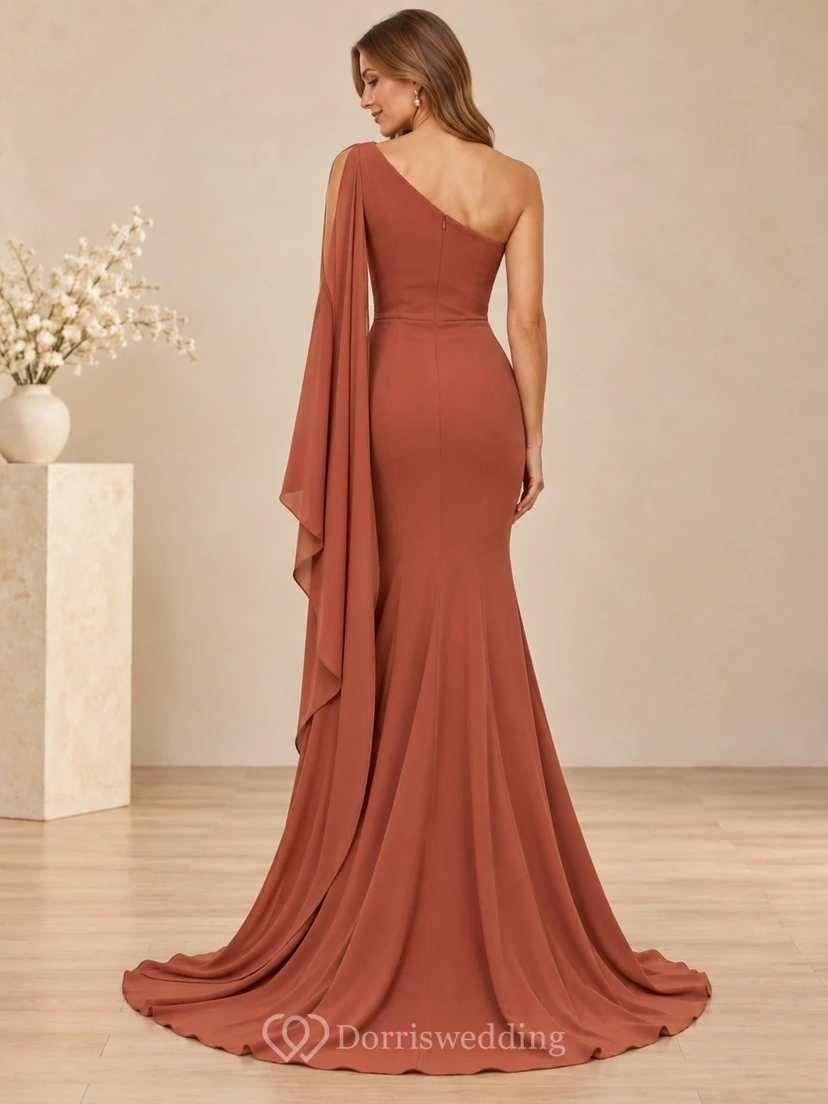 Terracotta One Shoulder Draped Cape Mermaid Train Evening Gown view 2