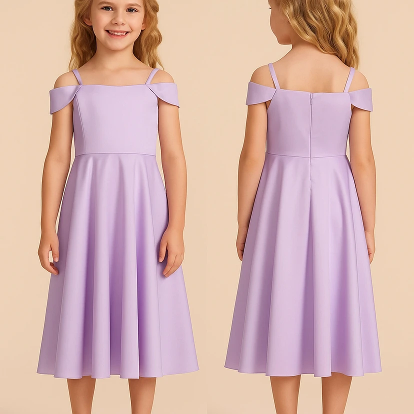 Lila Spaghetti-Kleid in A-Linien-Optik, Teelänge, Blumenmädchenkleid view 3