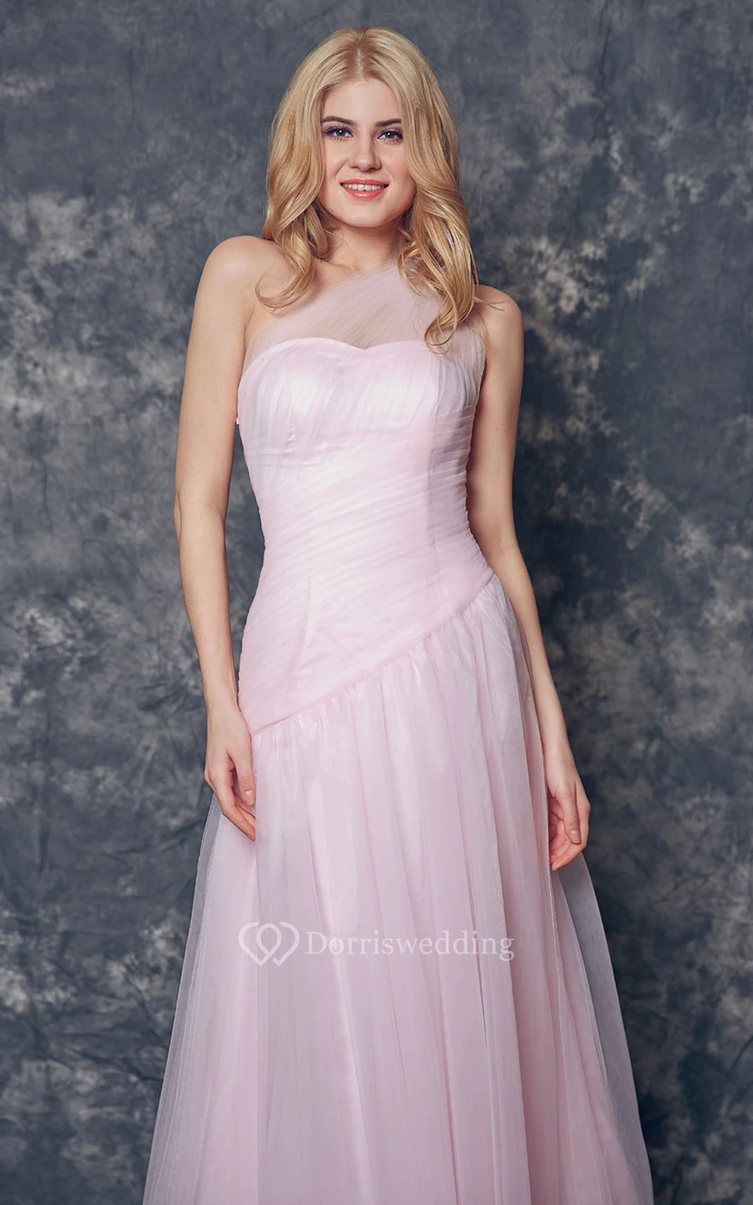 Elegant One Shoulder Ruched Long Tulle Dress view 5