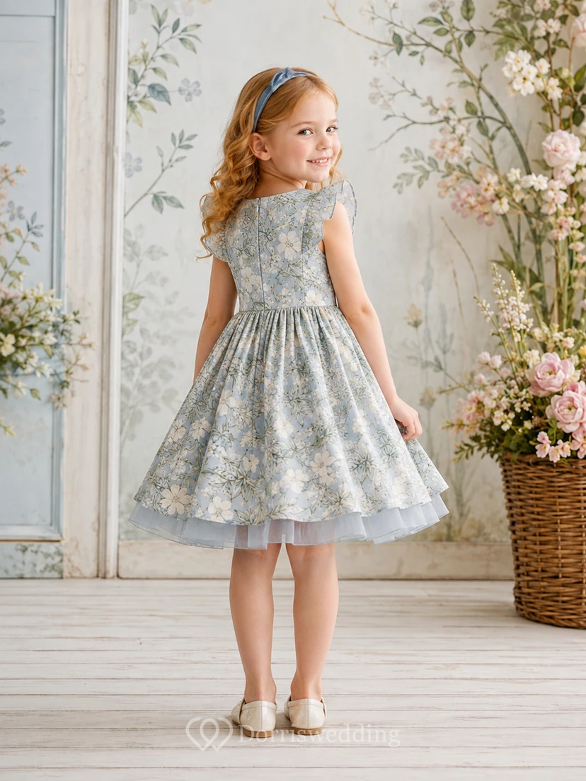 Blaues Blumenmädchenkleid mit botanischem Muster, kurzen Ärmeln, Tüllrock in A-Linie, natürlicher Taille und romantischem, wadenlangem Saum view 2
