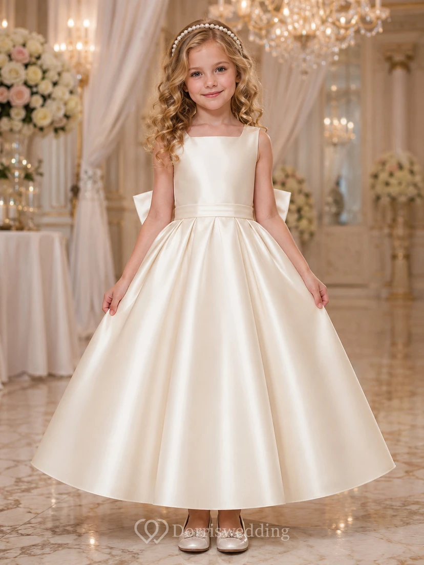 A-Line Flowergirl Satin Floor-Length Sleeveless Formal Ballroom Wedding Gown with Full Skirt and Bow Back