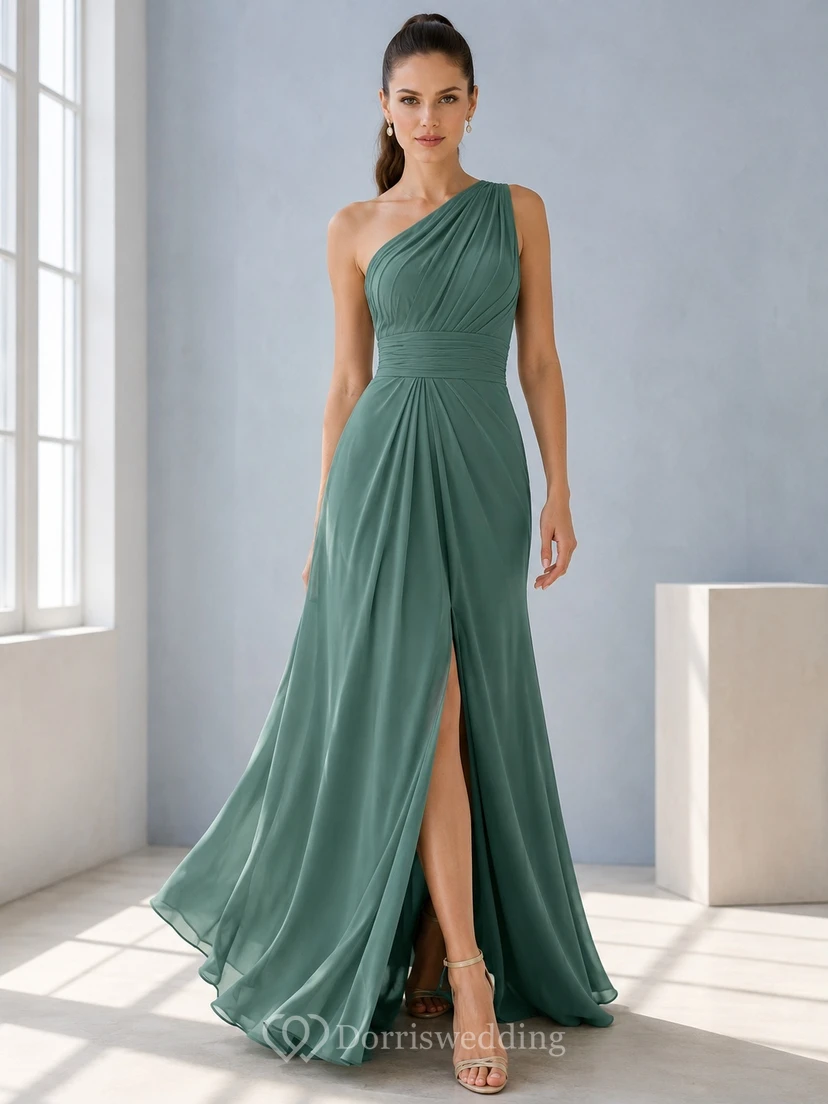 Elegant Jade One-Shoulder Pleated Chiffon A-Line Floor-Length Split Formal Bridesmaid Dress