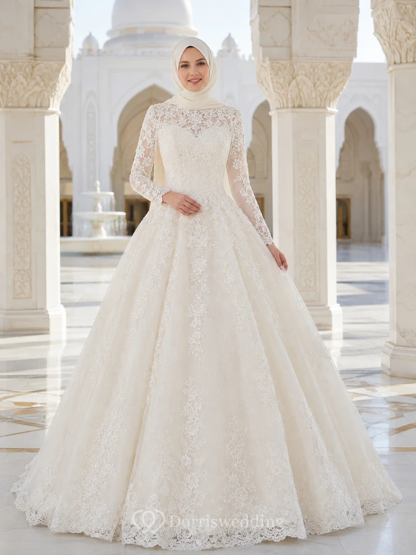 Vestido de novia musulmán modesto de manga larga con encaje y cola de capilla.