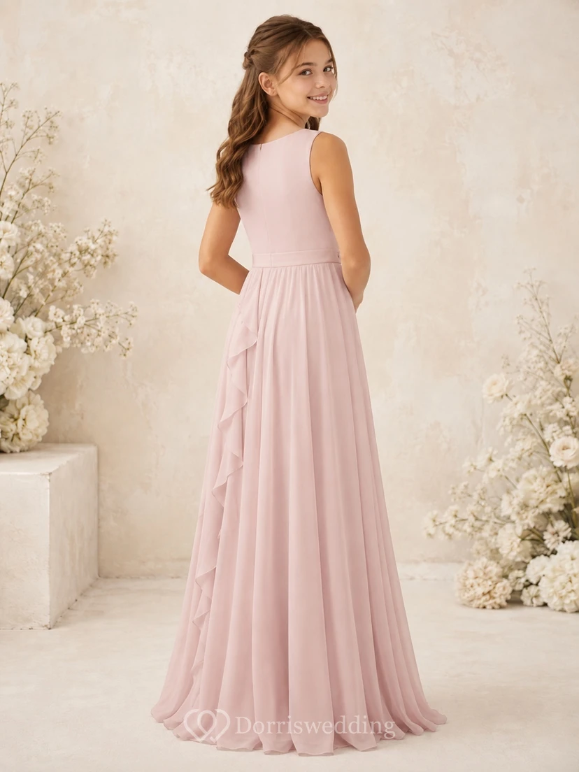 Romantisches, rosafarbenes Brautjungfernkleid im A-Linien-Stil mit Schmucksteinen, ärmellos, aus Chiffon mit fließenden Rüschen view 2