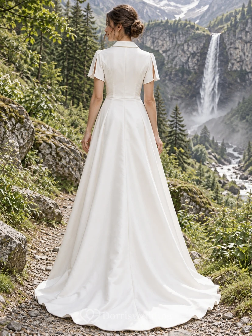 Vestido de novia sencillo de tafetán con escote en V y corte en A, manga corta view 2