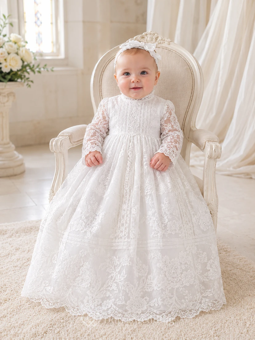 High Neck Christening Gown A-Line Lace Tulle Long Sleeve Embroidered Hem
