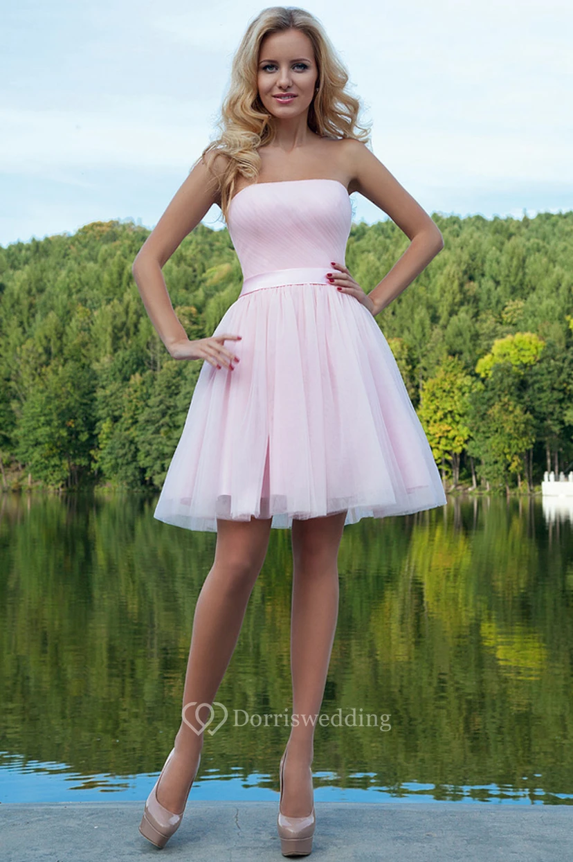 Short Strapless Ruched Tulle Prom Dress With Ribbon