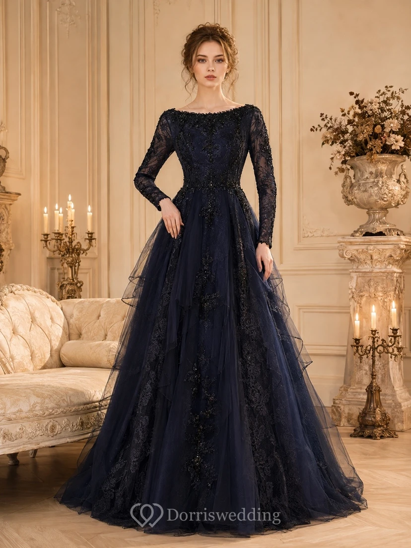 Vestido formal vintage modesto de gasa azul marino de manga larga hasta el suelo con escote redondo y corte en A.