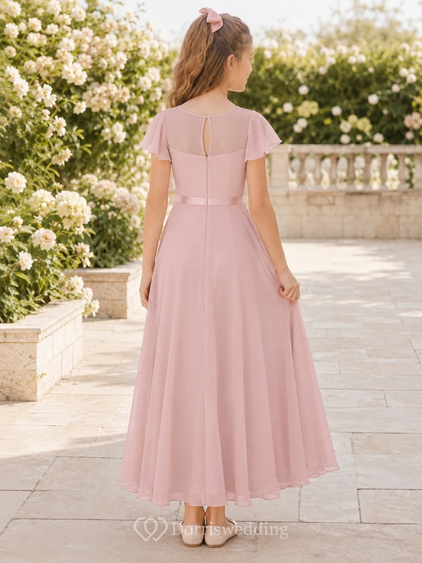 Rosafarbenes Brautjungfernkleid, A-Linie, herzförmiger Ausschnitt, hoher Kragen, kurze Blütenblattärmel, Teelänge, Chiffon, schlicht view 2