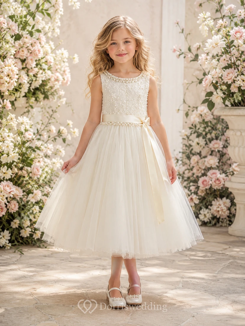 Romantisches, elegantes, ärmelloses Tüllkleid in A-Linien-Optik mit Perlenbesatz und Teelänge für Blumenmädchen
