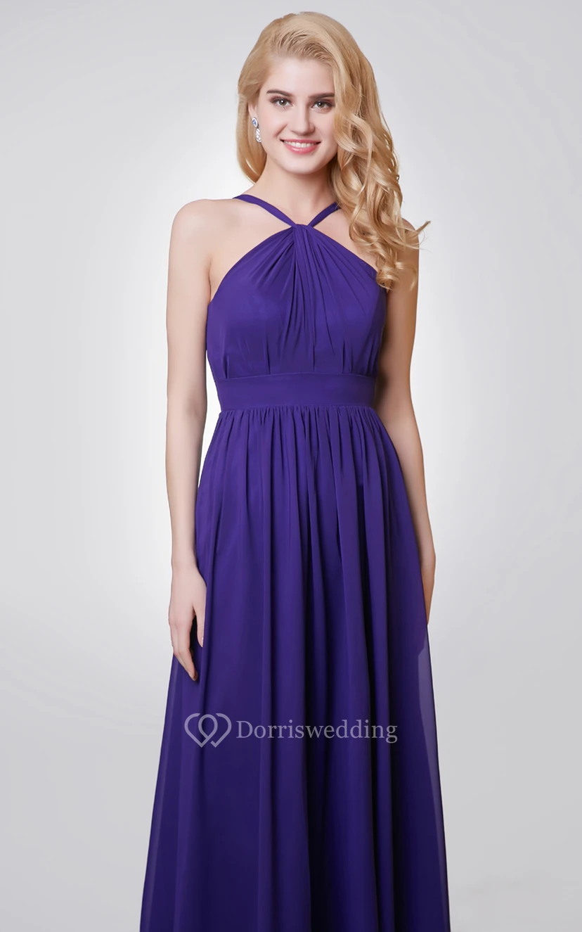 Halter A-line Long Chiffon Dress With Key-hole view 5