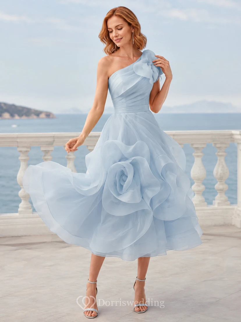 Sky Blue One Shoulder Floral Organza Sculptural Guest Dress