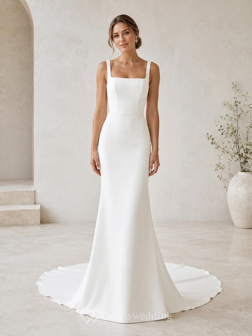 Minimalist Satin Wedding Dress Mermaid Square Neck Sleeveless Court Train Bridal Gown