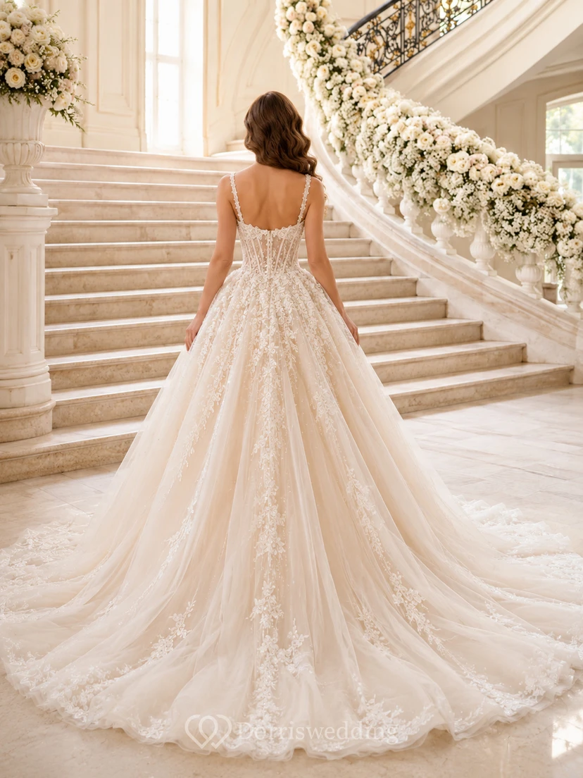 Robe de mariée en dentelle ornée, tulle, bretelles cœur, sans manches, coupe trapèze, traîne chapelle, applications florales, idéale pour un mariage à destination. view 2