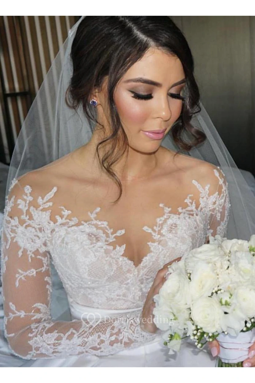 Delicate Lace Appliques Princess Wedding Dress Long Sleeve view 2