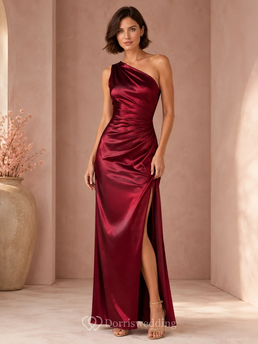 Burgundy One-Shoulder Draped Satin Sheath Floor-Length Split Evening Dress