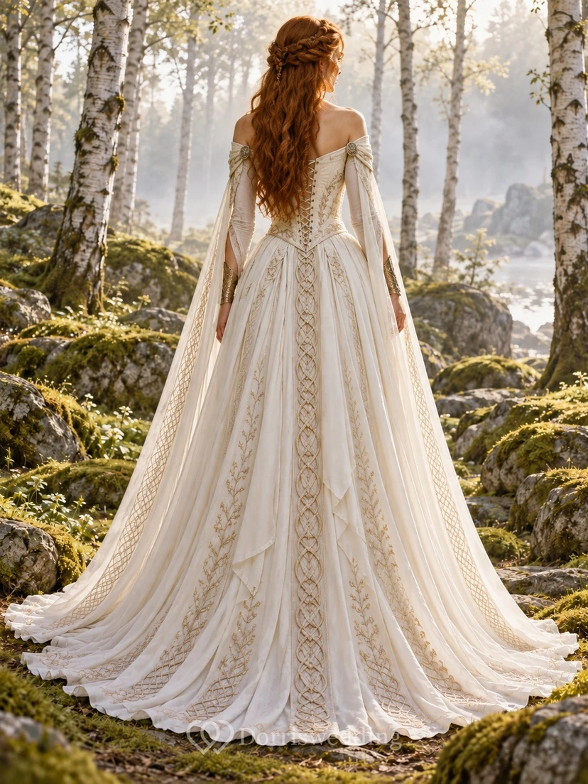 Viking Vintage schulterfreies Korsett-Brautkleid mit Glockenärmeln und A-Linien-Design view 2