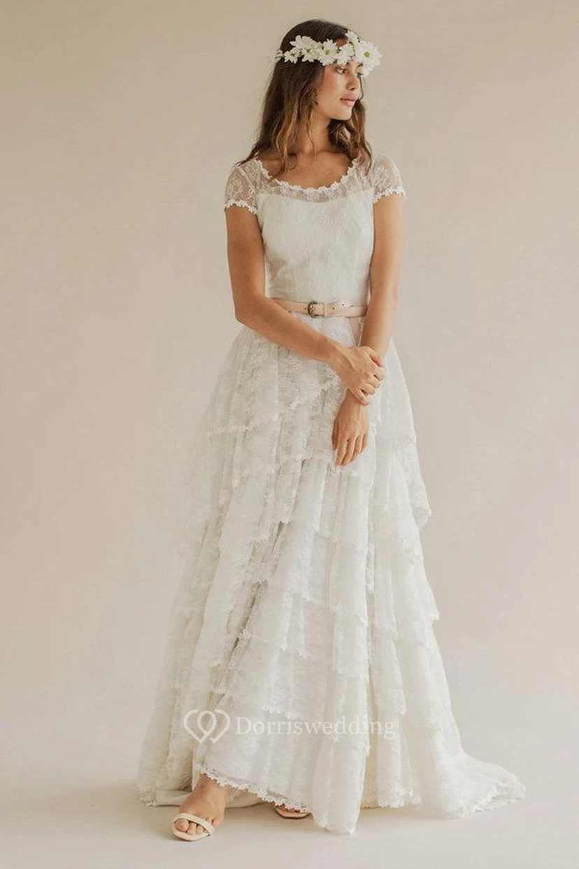 Boho Scoop Neck Cap Sleeve A-Line Tiered Weding Vow Renewal Dress With Court Train video preview