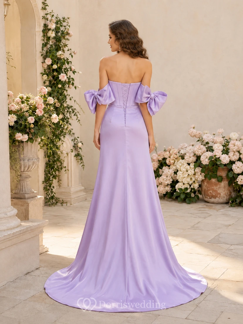 Romantic Lavender Satin Prom Mermaid Floor Length Off Shoulder Bow Sleeve Gown view 2