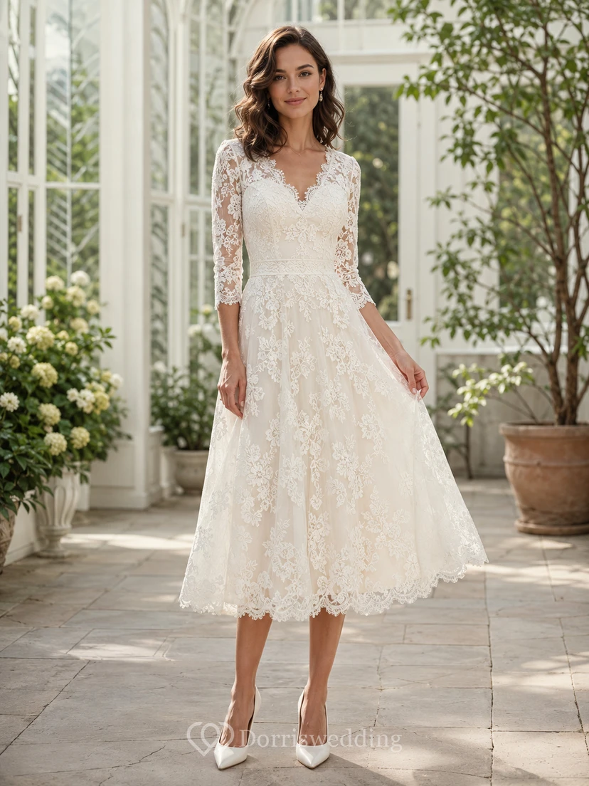 Vintage Civil Lace A Line V Neck Three Quarter Sleeve Tea Wedding Dress