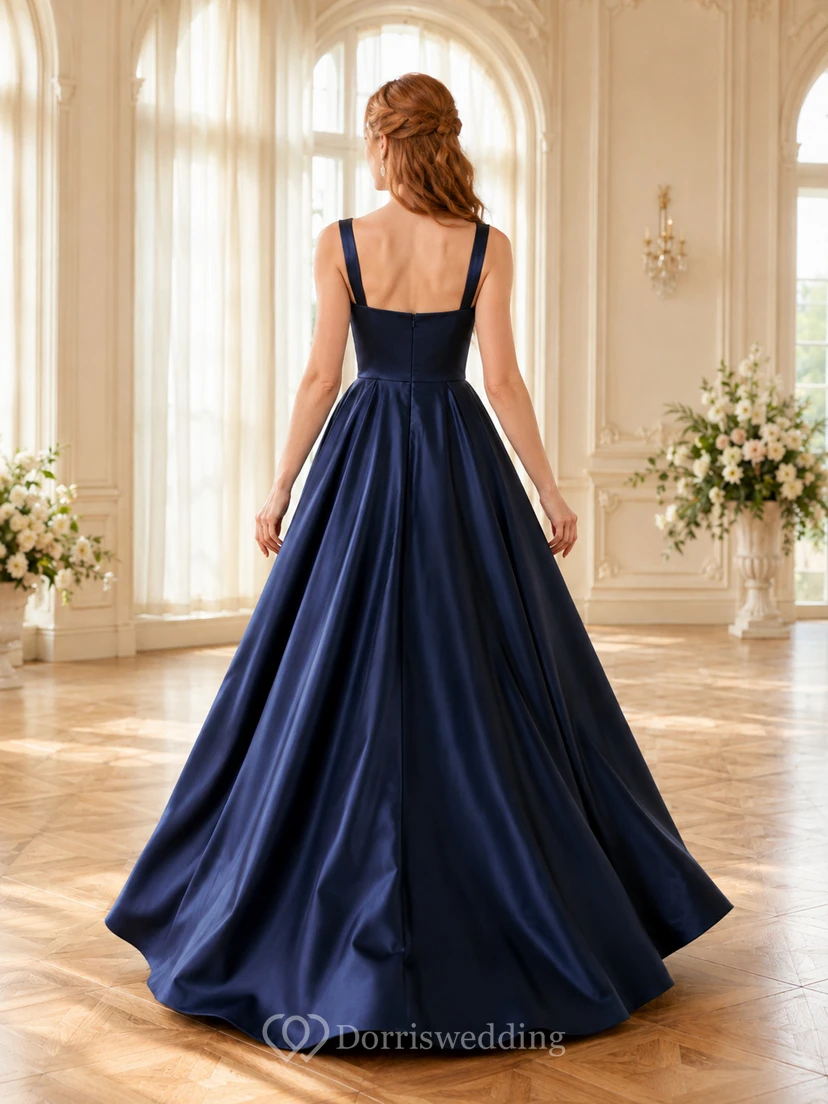 Navy Blue Square Neck Straps Satin Ball Gown Wedding Dress view 2