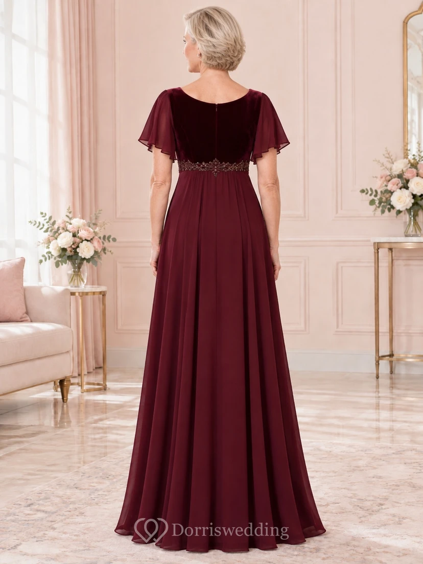 Vestido de gasa con cuentas, corte imperio, largo hasta el suelo, corpiño de terciopelo, mangas con volantes y detalles de cuentas, ideal para la madre de la novia. view 2