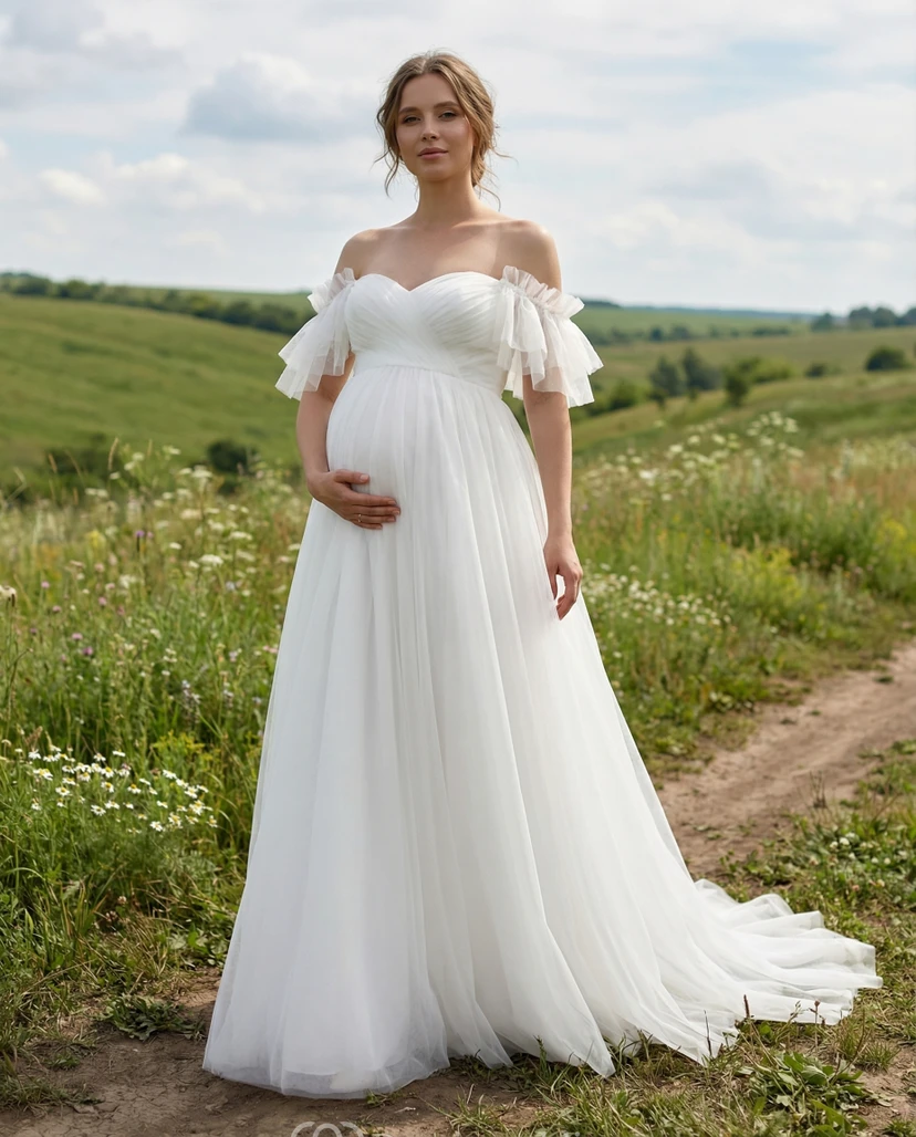 Off Shoulder Tulle Maternity Wedding Dress with Ruffle Sleeves and A-Line Skirt