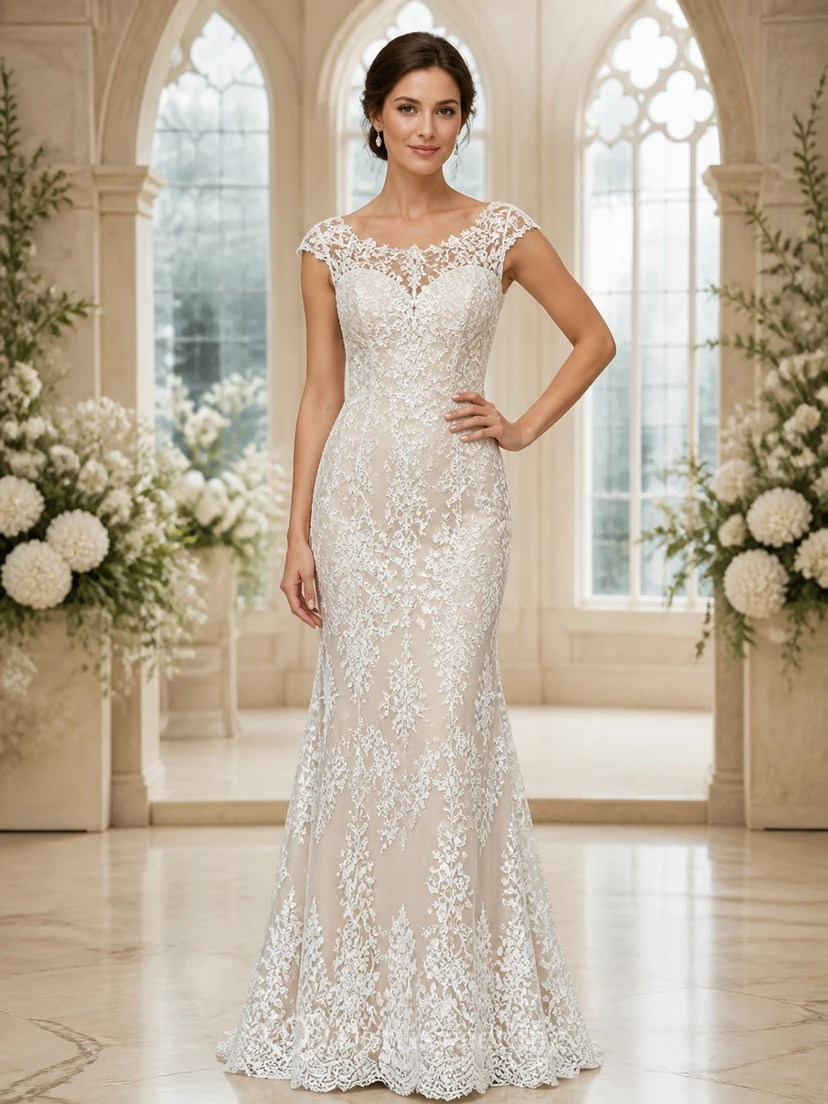 Vestido de novia de encaje estilo tubo con escote barco para novias mayores y modestas